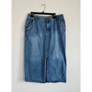 Women's Bill Blass Blue Denim Midi Skirt with Red Stitching Size 14‎